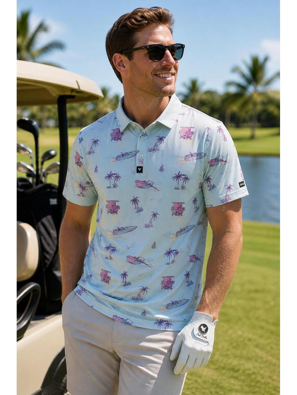 Bad Birdie Polo Shirt Surf Print Short Sleeve XL